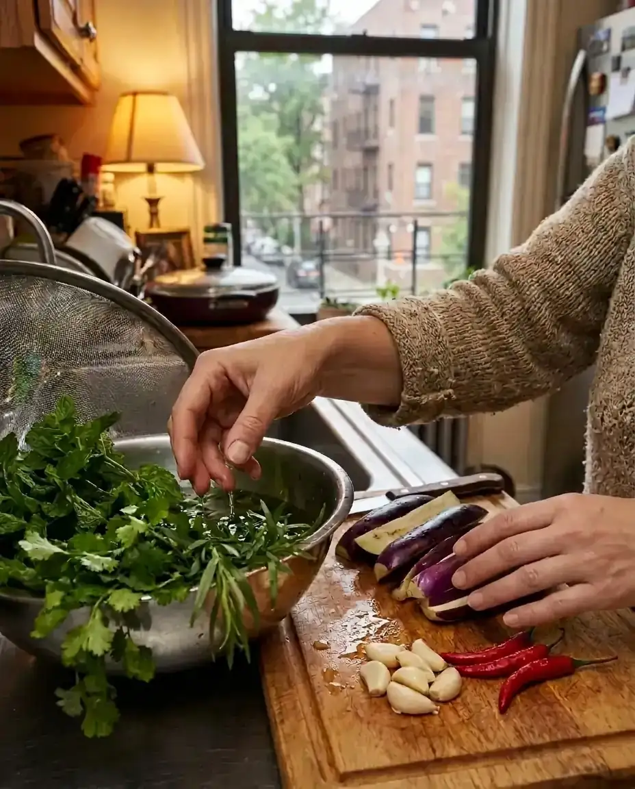 Washing fresh herbs and slicing eggplant in a home kitchen